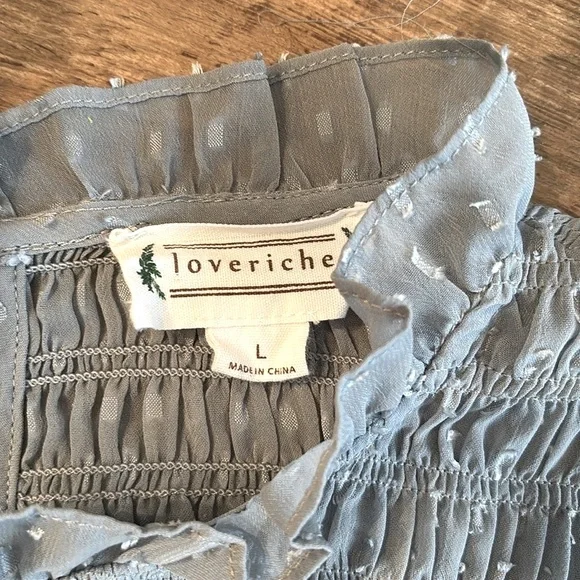 Love Riche Blue Gray Smocked Dress. Sheer Chiffon Long Sleeve Women’s Sz-L. EUC - Picture 6 of 9